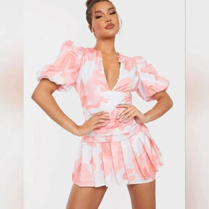 PrettyLittleThing Pink Swirl Print Pleated Waist Puff Sleeve Skater Mini Dress S